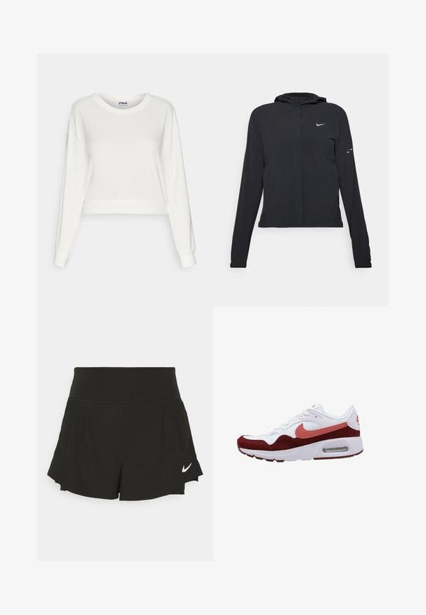 Giacca nera con cappuccio e maniche lunghe, realizzata in materiale leggero. Presenta una zip frontale, il logo Nike e accenti di design sottili.; Felpa bianca corta in tessuto morbido, con maniche lunghe, scollo rotondo e polsini a costine. Logo Fila sul colletto.; Pantaloni sportivi neri con una vita alta, dettagli plissettati, orlo curvo e logo Nike bianco sul lato inferiore destro.; Sneaker bianca con accenti in suede bordeaux. Presenta una punta arrotondata, colletto imbottito, chiusura con lacci e ammortizzazione visibile nel tallone.
