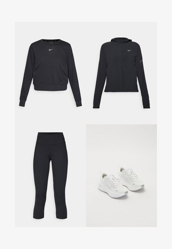 Chaqueta negra con capucha y mangas largas, hecha de un material ligero. Presenta un cierre frontal, un logo de Nike y acentos de diseño sutiles.; Sudadera negra recortada con mangas largas, puños y dobladillo de canalé, con un pequeño logo blanco de Nike centrado en el pecho. Textura de tela suave.; Leggings negros cortos hechos de tela elástica, con una cintura alta y una textura suave, sin patrones o herrajes visibles.; Zapatillas deportivas blancas con parte superior de malla texturizada, suela acolchada y sutiles acentos grises. Incluye un logotipo y una pestaña en el talón para facilitar su uso.