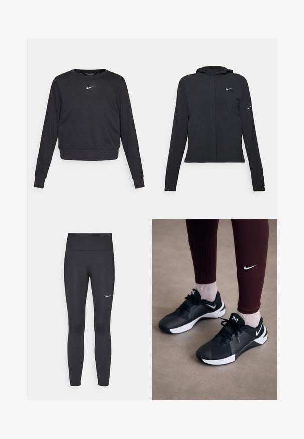 Černá kapucňová bunda s dlouhými rukávy, vyrobená z lehkého materiálu. Obsahuje přední zip, logo Nike a decentní designové akcenty.; Černý krátký svetr s dlouhými rukávy, žebrovanými manžetami a lemem, s malým bílým logem Nike umístěným ve středu hrudníku. Měkká textilie.; Černé legíny vyrobené z elastického materiálu, s vysokým pasem a bílým logem Nike na levém stehně. Hladká textura, přiléhavý střih.; Černé sportovní boty s texturovaným svrškem a bílými akcenty, s tkaničkami a božím logem. Nosené s vínovými legínami a světlými ponožkami.