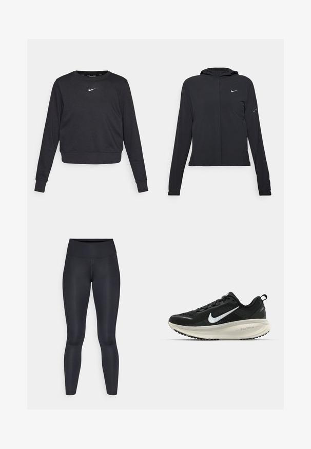 Jachetă neagră cu glugă, cu mâneci lungi, fabricată din material ușor. Dispune de un fermoar frontal, un logo Nike și accente de design subtile.; Pulover scurt negru cu mâneci lungi, cu manșete și margine cu țesătură în relief, având un mic logo alb Nike centrat pe piept. Textura materialului este moale.; Leggings negre dintr-un material neted și elastic. Talie înaltă fără modele sau accente vizibile. Se potrivesc strâns de la talie până la glezne.; Pantofii de alergare negri de la Nike, cu parte superioară din plasă respirabilă, logo-ul alb Swoosh, detalii texturate și o talpă intermediară ZoomX de culoare crem.