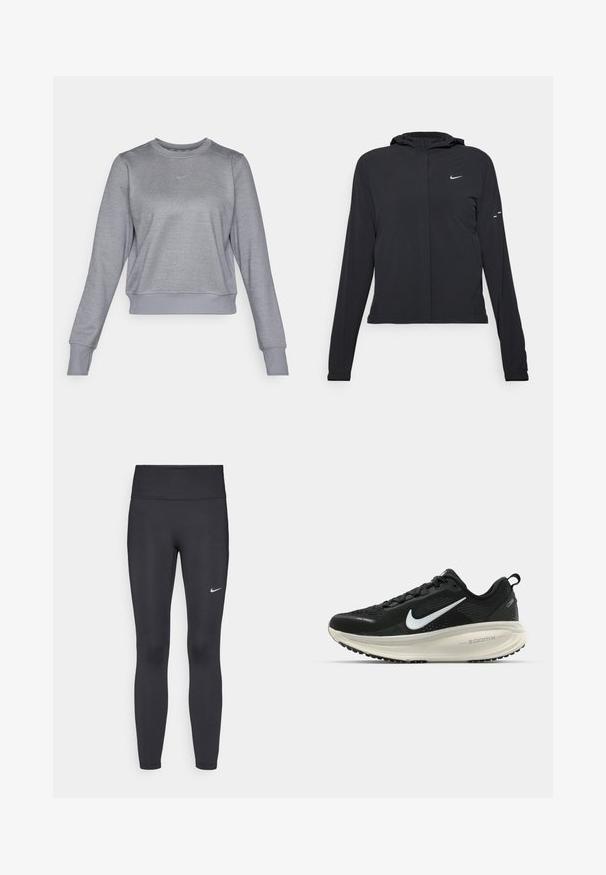 Giacca nera con cappuccio e maniche lunghe, realizzata in materiale leggero. Presenta una zip frontale, il logo Nike e accenti di design sottili.; Felpa grigia Nike con colletto a girocollo, maniche lunghe, polsini e orlo a coste, con un piccolo logo blu chiaro sul petto.; Leggings neri realizzati in tessuto elasticizzato, con una vita alta e un logo Nike bianco sulla coscia sinistra. Tessuto liscio, design aderente.; Scarpa da corsa nera Nike con tomaia in rete traspirante, logo Swoosh bianco, dettagli testurizzati e intersuola ZoomX di colore crema.