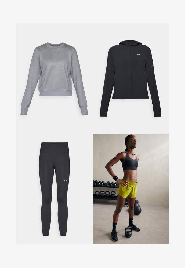 Casaco preto com capuz e mangas longas, feito de material leve. Apresenta um fecho dourado na frente, um logótipo da Nike e detalhes de design subtis.; Sweatshirt cinza da Nike com gola redonda, mangas longas, punhos e bainha canelados, com um pequeno logo azul claro no peito.; Leggings pretos feitos de tecido elástico, com uma cintura alta e um logo branco da Nike na coxa esquerda. Textura suave, design ajustado ao corpo.; Sutiã desportivo preto, calções amarelos brilhantes com cintura elástica, sapatos de atletismo pretos e pulseiras, de pé ao lado de kettlebells.