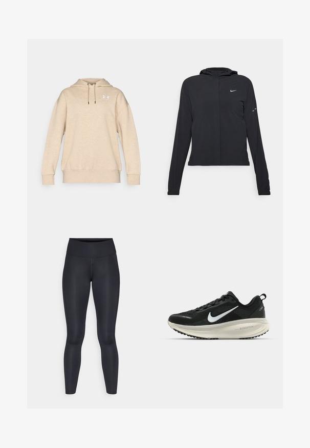 Casaco preto com capuz e mangas longas, feito de material leve. Apresenta um fecho dourado na frente, um logótipo da Nike e detalhes de design subtis.; Fleece com capuz em bege, com um corte descontraído, capuz com cordão e tecido texturizado. Apresenta um logótipo branco subtil no lado esquerdo do peito.; Leggings pretas feitos de um tecido liso e elástico. Cintura alta sem padrões ou detalhes visíveis. Ajustam-se de forma justa da cintura até os tornozelos.; Sapatilha de corrida Nike preta com parte superior de malha respirável, logotipo Swoosh branco, detalhes texturizados e uma entressola ZoomX na cor creme.