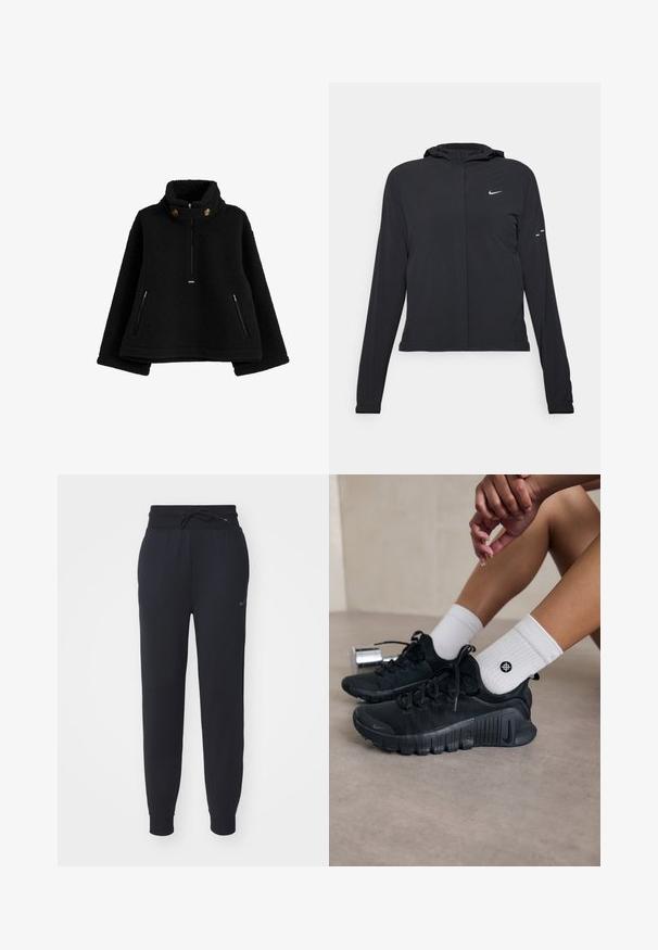 Čierna kapucňová bunda s dlhou rukávou, vyrobená z ľahkého materiálu. Má predný zips, logo Nike a jemné dizajnové akcenty.; Čierny fleecový pulóver s vysokým golierom, predným zipsom a dvoma bočnými vreckami na zips; má okrúhle gombíky na golieri.; Čierne teplákové nohavice vyrobené z mäkkej tkaniny, ktoré majú elastický pás s šnúrkou, bočné vrecká a jemné logo na ľavom stehne.; Čierne športové topánky s textúrovanou látkou, šnurovací dizajn a výrazná podrážka, doplnené o biele rebrované ponožky s malým logom.