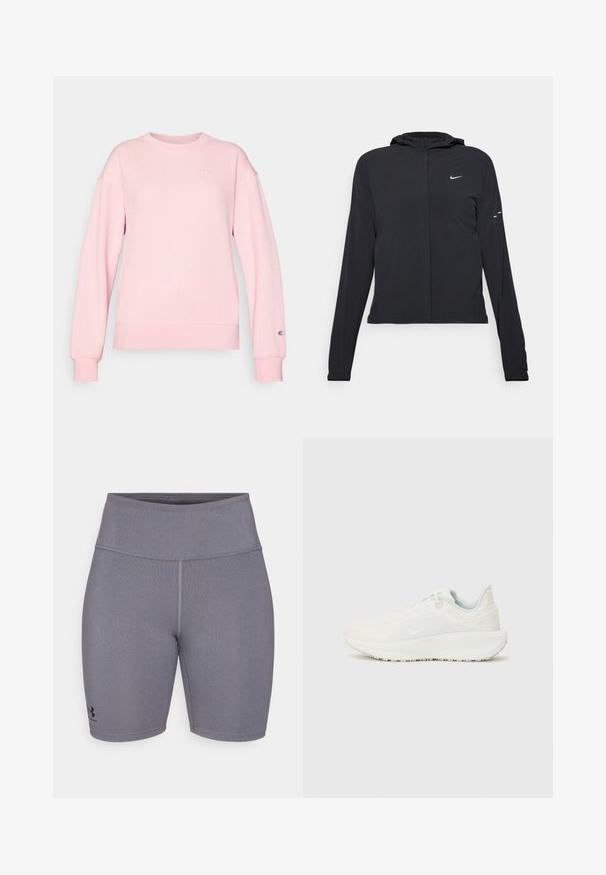 Zwarte kaptrui met lange mouwen, gemaakt van lichtgewicht materiaal. Voorzien van een ritssluiting aan de voorkant, een Nike-logo en subtiele ontwerpelementen.; Roze geribbelde sweatshirt met lange mouwen, ronde hals en logo-embleem op de borst en manchetten. Zachte textuur, getailleerd op de taille.; Grijze sportshorts met een gladde textuur, hoge tailleband en platte naden. Heeft een klein zwart logo aan de linkeronderzijde.; Witte sportschoenen met een gestructureerde bovenkant, gevoerde kraag en vetersluiting. Voorzien van een gebogen buitenzool en subtiele branding aan de zijkant.