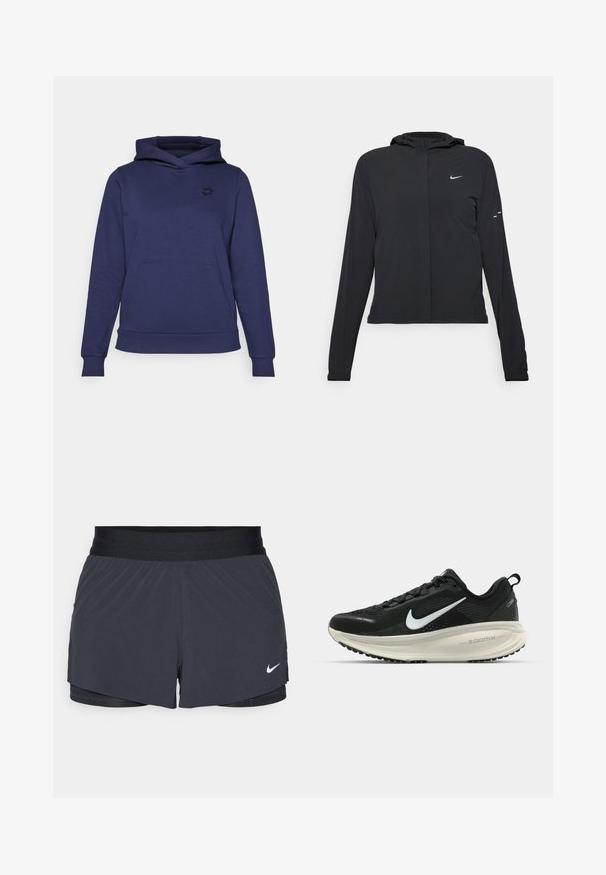 Must musta kapuutsiga jakk, millel on pikad varrukad ja mis on valmistatud kergetest materjalidest. Omab esitaskut, Nike logo ja kergelt silmatorkavaid disainiaktsente.; Tumesinine kapuutsärk, mis on valmistatud pehmest kangast, suure eesämbri tasku, soonikpitsidega varrukad ja rinnal väike logo.; Mustad must sportlikud lühikesed püksid, millel on elastne vöökoht, kihiline disain ja väike valge Nike logo vasakul all. Kerge materjal.; Musthave mustus Nike jooksujalats, millel on hingav võrgust ülemine osa, valge swoosh logo, tekstuuriga detailid ja kreemja värvusega ZoomX vahevöö.