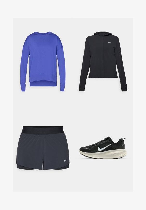 Svart hettegenser med lange ermer, laget av lett materiale. Har glidelås foran, Nike-logo og subtile design detaljer.; Lilla sweatshirt med lange ermer, rund hals og lett buet nederkant. Laget av myk, lett stoff med en jevn tekstur.; Sorte treningshorts med elastisk midjebånd, med lagdelt design og liten hvit Nike-logo på nederste venstre side. Lett materiale.; Svart Nike løpesko med pustende mesh-overdel, hvit swoosh-logo, teksturert detaljer og en kremfarget ZoomX mellomsåle.