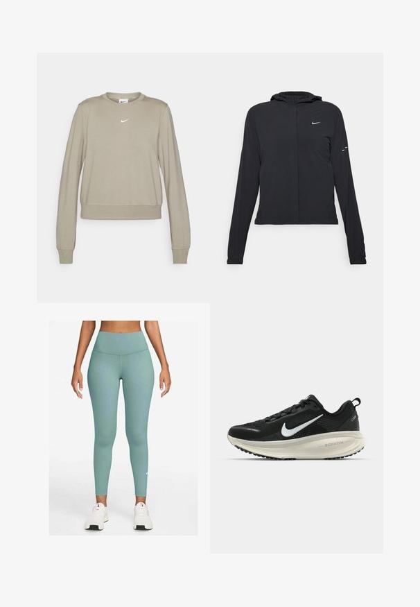 Zwarte kaptrui met lange mouwen, gemaakt van lichtgewicht materiaal. Voorzien van een ritssluiting aan de voorkant, een Nike-logo en subtiele ontwerpelementen.; Lichtbeige Nike sweatshirt met lange mouwen, ronde hals en subtiel wit logo op de borst. Zacht materiaal met een ontspannen pasvorm.; Hoge taille, teal legging gemaakt van rekbare stof, met een gladde textuur en een klein wit logo bij de enkel.; Zwarte Nike hardloopschoen met ademend mesh bovenwerk, witte swoosh-logo, gestructureerde details en een crèmekleurige ZoomX middenzool.