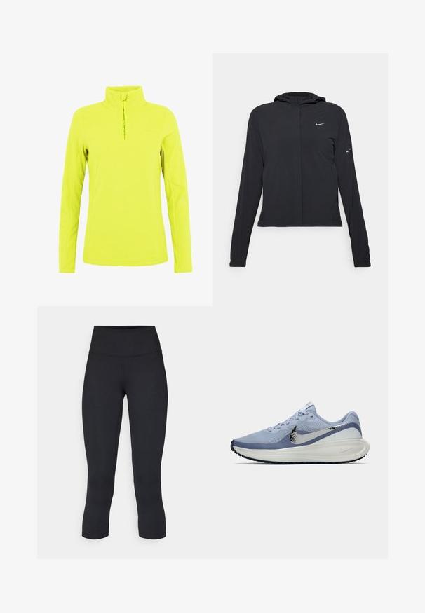 Giacca nera con cappuccio e maniche lunghe, realizzata in materiale leggero. Presenta una zip frontale, il logo Nike e accenti di design sottili.; Pullover in pile giallo con colletto alto e zip a quarto sul davanti. Caratterizzato da una texture liscia e un branding discreto sul petto. Maniche lunghe.; Leggings cropped neri realizzati in tessuto elasticizzato, con vita alta e texture liscia, senza motivi o componenti visibili.; Scarpa da corsa Nike azzurra e bianca con lo swoosh argento, upper in mesh traspirante, suola ammortizzata e battistrada nero.