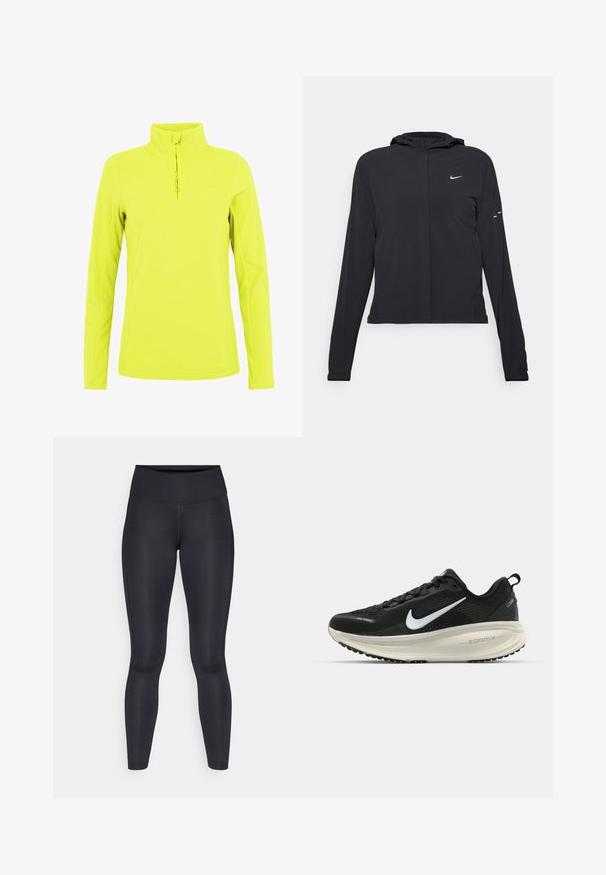 Juodas gobtuvas striukė su ilgomis rankovėmis, pagaminta iš lengvo audinio. Pasižymi priekiniais užtrauktukais, Nike logotipu ir subtiliais dizaino akcentais.; Geltona pūkinė megztinis su aukštu apykakle ir ketvirčio užtrauktuku priekyje. Pasižymi lygiu paviršiumi ir subtiliu ženklinimu krūtinėje. Ilgos rankovės.; Juodos leggingos, pagamintos iš lygios, tamprios medžiagos. Aukštas liemuo, be matomų raštų ar akcentų. Tvirtai priglunda prie kūno nuo liemens iki kulkšnies.; Juodas Nike sportinis batelis su kvėpuojančiu tinklu, baltu swoosh logotipu, tekstūruoto dizaino detalėmis ir grietinėlės spalvos ZoomX viduriu.