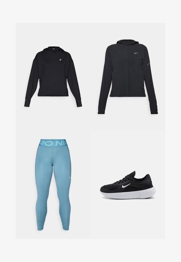 Czarna kurtka z kapturem, z długimi rękawami, wykonana z lekkiego materiału. Posiada zamek błyskawiczny z przodu, logo Nike oraz subtelne akcenty wzornicze.; Czarna bluza z kapturem, długimi rękawami i otworami na kciuki. Posiada małe logo na piersi oraz czysty, minimalistyczny design.; Jasnoniebieskie legginsy sportowe o gładkiej fakturze i wysokim staniku z napisem "PRO NIKE". Zawierają małe białe logo Nike.; Czarne buty sportowe z siateczkową cholewką, teksturowanym wzorem, okrągłym czubkiem, białą gumową podeszwą oraz logo Nike po boku.