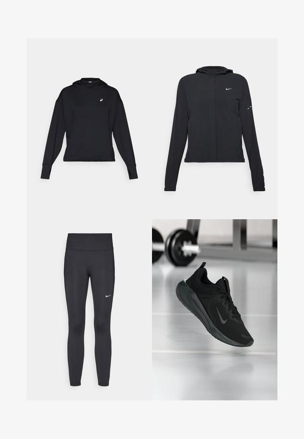 Zwarte kaptrui met lange mouwen, gemaakt van lichtgewicht materiaal. Voorzien van een ritssluiting aan de voorkant, een Nike-logo en subtiele ontwerpelementen.; Zwarte sweatshirt met een capuchon, lange mouwen en duimopeningen. Heeft een klein logo op de borst en een strakke, minimalistische uitstraling.; Zwarte legging van rekbare stof met een hoge tailleband en een wit Nike-logo op de linkerdij. Gladde textuur, aansluitend ontwerp.; Zwarte sportsneaker met Nike-logo, weergegeven in de lucht boven de gymvloer, met een vervaagde halterrek op de achtergrond.