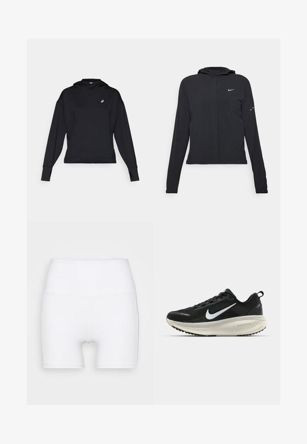 Veste à capuche noire avec des manches longues, fabriquée en matériau léger. Elle comporte une fermeture éclair à l'avant, un logo Nike et des accents de design subtils.; Sweatshirt noir avec capuche, manches longues et trous pour les pouces. Comprend un petit logo sur la poitrine et un design épuré et minimal.; Shorts blancs taille haute en tissu extensible. Fabriqués avec une texture lisse et un design ajusté, sans motifs ni accessoires supplémentaires.; Baskets de course noir Nike avec tige respirante en mesh, logo swoosh blanc, détails texturés et semelle intermédiaire ZoomX de couleur crème.