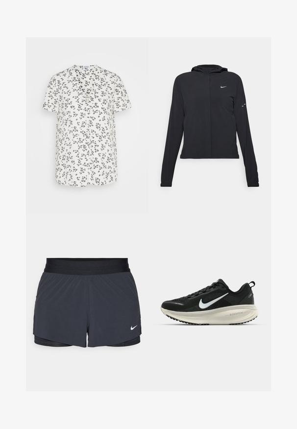 Black hooded jacket with long sleeves, made from lightweight material. Features a front zipper, a Nike logo, and subtle design accents.; Esprit V NECK - Print T-shirt - off white; Black athletic shorts with an elastic waistband, featuring a layered design and a small white Nike logo on the lower left. Lightweight material.; Black Nike running shoe with breathable mesh upper, white swoosh logo, textured detailing, and a cream-colored ZoomX midsole.