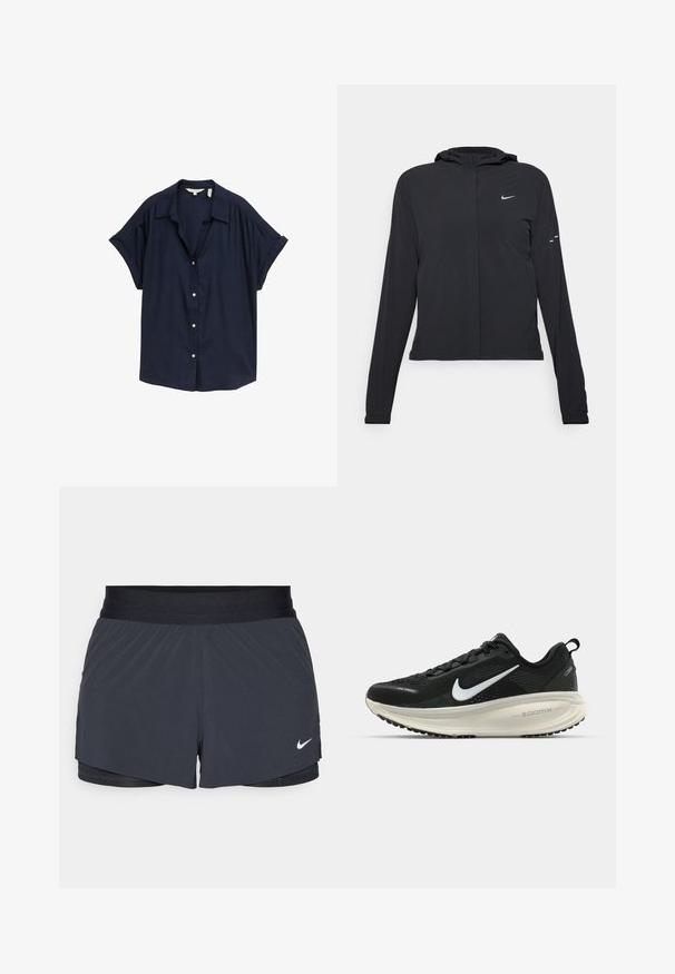 Melnā kapuci jaka ar garām piedurknēm, izgatavota no viegla materiāla. Tam ir priekšējais rāvējslēdzis, Nike logo un smalki dizaina akcenti.; Tumsas zila īsu piedurkņu pogājama krekls vieglā audumā ar brīvu piegriezumu, ar klasisku apkakli un baltām pogām.; Melnas sporta šortus ar elastīgu jostu, ar slāņotu dizainu un mazu balto Nike logo apakšējā kreisajā stūrī. Viegls materiāls.; Melnas Nike skriešanas kurpes ar elpojošu acs augšdaļu, baltu Swoosh logotipu, strukturētu apdari un krēmkrāsas ZoomX starpsole.