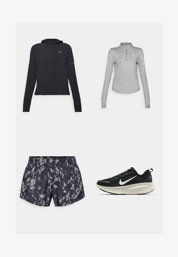 Chaqueta negra con capucha y mangas largas, hecha de un material ligero. Presenta un cierre frontal, un logo de Nike y acentos de diseño sutiles.; Top atlético de manga larga gris claro con cuello de media cremallera, que presenta una textura de tejido transpirable y un pequeño logo en el lado izquierdo del pecho.; Pantalones cortos atléticos de tie-dye en negro y gris con una cinturilla elástica y un pequeño logo de Nike en azul en la parte inferior derecha.; Zapatilla de running Nike negra con parte superior de malla transpirable, logo Swoosh blanco, detalles texturizados y una entresuela ZoomX de color crema.
