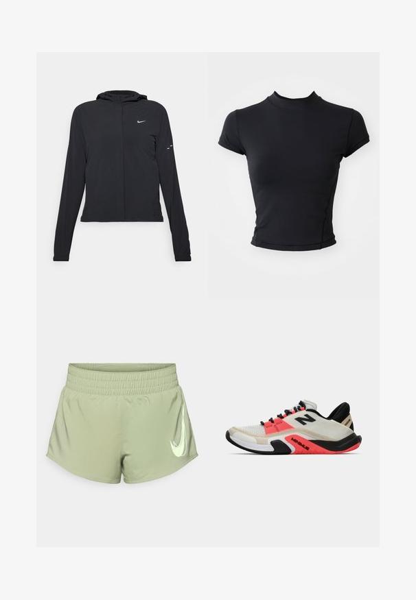 Svart hettegenser med lange ermer, laget av lett materiale. Har glidelås foran, Nike-logo og subtile design detaljer.; Svart avkortet t-skjorte laget av glatt, elastisk stoff med høy hals og korte ermer, med ren søm og en tettsittende silhuett.; Lys grønne treningsshorts med elastisk midjebånd, med en fremtredende hvit Nike swoosh-logo på nedre høyre side.; New Balance MINIMUS TR - Treningssko - sea salt