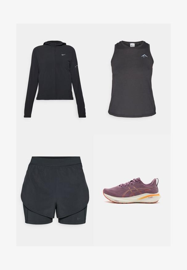 Schwarze Kapuzenjacke mit langen Ärmeln, aus leichtem Material gefertigt. Sie hat einen vorderen Reißverschluss, ein Nike-Logo und dezente Designelemente.; Schwarzes, sportliches Trägershirt mit rundem Ausschnitt, das ein kleines blaues Logo auf der Brust und einen glatten, leichten Stoff aufweist.; Schwarze sportliche Shorts mit einem geschichteten Design, das eine glatte äußere Schicht und eng anliegende innere Shorts umfasst. Hergestellt aus leichtem, dehnbarem Material.; Lila Laufschuh mit einer strukturierten Außenschicht, orangefarbenen Akzenten, einer gepolsterten Sohle und einem auffälligen Logo an der Seite. Verfügt über Schnürsenkel und eine Fersenschlaufe.