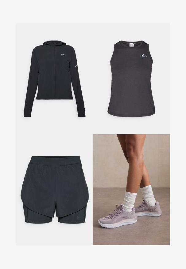 Melnā kapuci jaka ar garām piedurknēm, izgatavota no viegla materiāla. Tam ir priekšējais rāvējslēdzis, Nike logo un smalki dizaina akcenti.; Melna sporta tank top ar apaļu kakla izgriezumu, uz krūškurvja esošs mazs zils logo un gluda, viegla auduma.; Melnas sporta šortus ar slāņotu dizainu, kas ietver gludu ārējo slāni un pieguļošus iekšējos šortus. Izgatavoti no viegla, elastīga auduma.; Gaiši violetas sporta kurpes ar teksturētu adījuma virsējo daļu, akcentētas ar baltu starpzoli un atbilstošām baltām ribotām zeķēm.