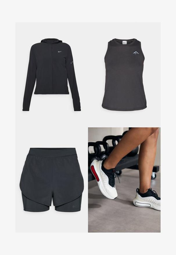 Fekete kapucnis dzseki hosszú ujjakkal, könnyű anyagból készült. Elülső cipzárral, Nike logóval és diszkrét dizájn elemekkel rendelkezik.; Fekete sportos tank top kerek nyakkivágással, a mellkason egy kis kék logóval és sima, könnyű anyagból készült.; Fekete sportnadrág réteges kialakítással, sima külső résszel és illeszkedő belső nadrággal. Könnyű, rugalmas anyagból készült.; Fehér és fekete sportcipők, texturált felsőrésszel, kerek orral, fekete fűzőkkel és piros kiegészítővel az oldalon, kettlebell-ek közelében elhelyezve.