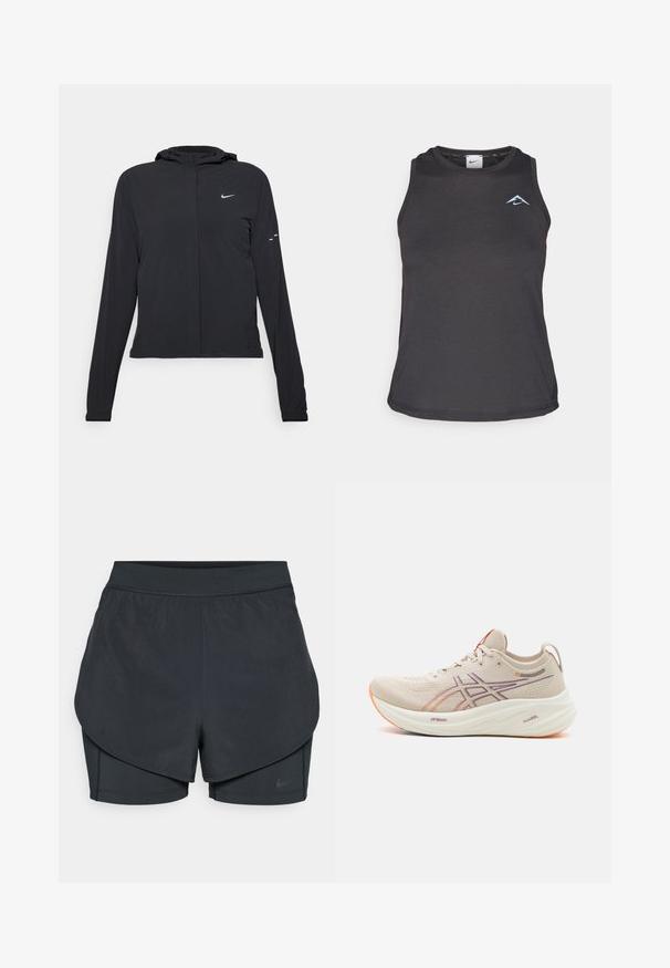 Fekete kapucnis dzseki hosszú ujjakkal, könnyű anyagból készült. Elülső cipzárral, Nike logóval és diszkrét dizájn elemekkel rendelkezik.; Fekete sportos tank top kerek nyakkivágással, a mellkason egy kis kék logóval és sima, könnyű anyagból készült.; Fekete sportnadrág réteges kialakítással, sima külső résszel és illeszkedő belső nadrággal. Könnyű, rugalmas anyagból készült.; ASICS GEL-NIMBUS 26 - Utcai futócipők - oatmeal/faded orange