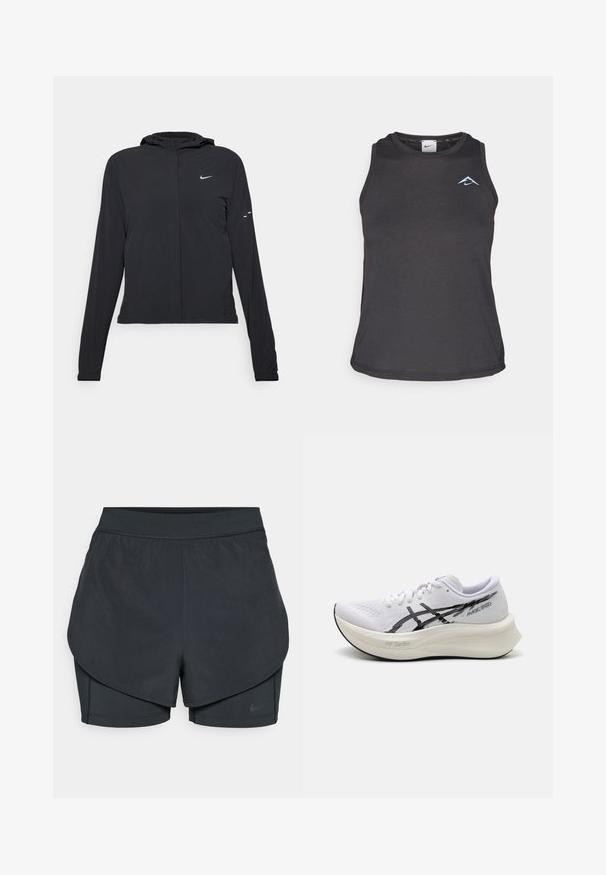 Must musta kapuutsiga jakk, millel on pikad varrukad ja mis on valmistatud kergetest materjalidest. Omab esitaskut, Nike logo ja kergelt silmatorkavaid disainiaktsente.; Musthave mustrengimis T-särk mustast kangast, ümmarguse kaelusega, millel on rinnal väike sinine logo ja sile, kergest kangast materjal.; Mustad musta sportlikud lühikesed püksid kihilise disainiga, millel on sile välimine kiht ja istuvad sisepüksid. Valmistatud kergest, venivast kangast.; ASICS MAGIC SPEED - Maanteejooksu jalatsid - white/black