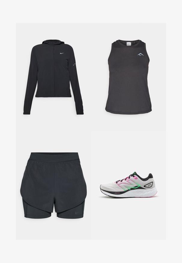 Melnā kapuci jaka ar garām piedurknēm, izgatavota no viegla materiāla. Tam ir priekšējais rāvējslēdzis, Nike logo un smalki dizaina akcenti.; Melna sporta tank top ar apaļu kakla izgriezumu, uz krūškurvja esošs mazs zils logo un gluda, viegla auduma.; Melnas sporta šortus ar slāņotu dizainu, kas ietver gludu ārējo slāni un pieguļošus iekšējos šortus. Izgatavoti no viegla, elastīga auduma.; Vieglu skriešanas apavu pelēkā augšdaļa ar rozā un zaļiem akcentiem, bieza balta sole ar faktūras rakstiem, apzīmēti "Fresh Foam".