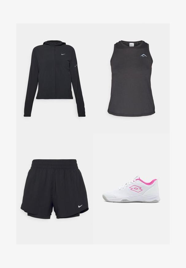 Jachetă neagră cu glugă, cu mâneci lungi, fabricată din material ușor. Dispune de un fermoar frontal, un logo Nike și accente de design subtile.; Top sportiv negru fără mâneci, cu guler rotund, având un mic logo albastru pe piept și un material neted, ușor.; Shorts atletici negri cu un talie elastică strânsă, căptușeală interioară și logo-ul alb Nike în partea stângă jos. Material neted și ușor.; Lotto MIRAGE 700 ALR - Pantofi de tenis pe orice suprafață - all white/wild orchid