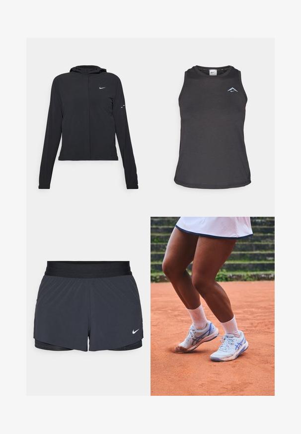 Fekete kapucnis dzseki hosszú ujjakkal, könnyű anyagból készült. Elülső cipzárral, Nike logóval és diszkrét dizájn elemekkel rendelkezik.; Fekete sportos tank top kerek nyakkivágással, a mellkason egy kis kék logóval és sima, könnyű anyagból készült.; Fekete sportnadrág elasztikus derékkal, réteges kialakítással és kis fehér Nike logóval a bal alsó részen. Könnyű anyag.; Világoskék sportcipő kék akcentussal, texturált talppal és párnázott dizájnnal, fehér rövid szárú zoknival párosítva, egy agyag teniszpályán.