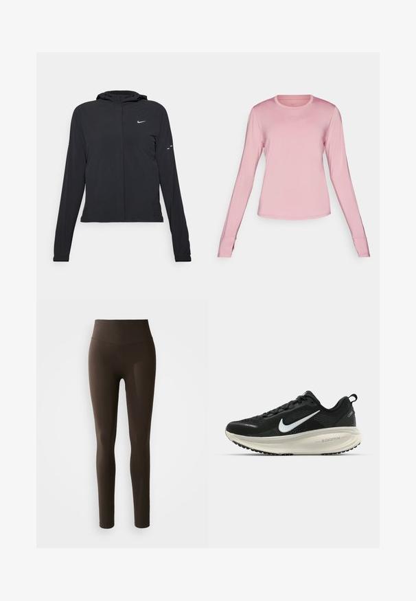 Černá kapucňová bunda s dlouhými rukávy, vyrobená z lehkého materiálu. Obsahuje přední zip, logo Nike a decentní designové akcenty.; Růžové sportovní tričko s dlouhým rukávem vyrobené z hladkého, lehkého materiálu, s kulatým výstřihem a diskrétním logem Nike na hrudi.; Hnědá legíny vyrobené z elastického materiálu s vysokým pasem. Mají hladký povrch a přiléhavý střih. Žádné viditelné vzory.; Černá běžecká obuv Nike s prodyšným síťovaným svrškem, bílým logem swoosh, texturovanými detaily a krémovou mezipodešví ZoomX.