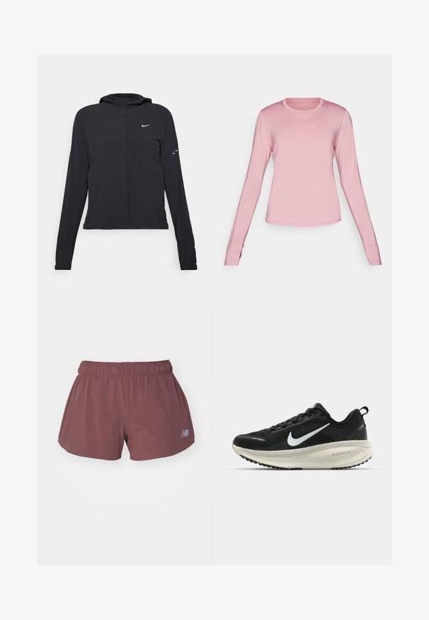 Chaqueta negra con capucha y mangas largas, hecha de un material ligero. Presenta un cierre frontal, un logo de Nike y acentos de diseño sutiles.; Camiseta deportiva de manga larga en color rosa, hecha de una tela suave y ligera, con un cuello redondo y un sutil logo de Nike en el pecho.; New Balance SHORT - Pantalón corto de deporte - licorice; Zapatilla de running Nike negra con parte superior de malla transpirable, logo Swoosh blanco, detalles texturizados y una entresuela ZoomX de color crema.