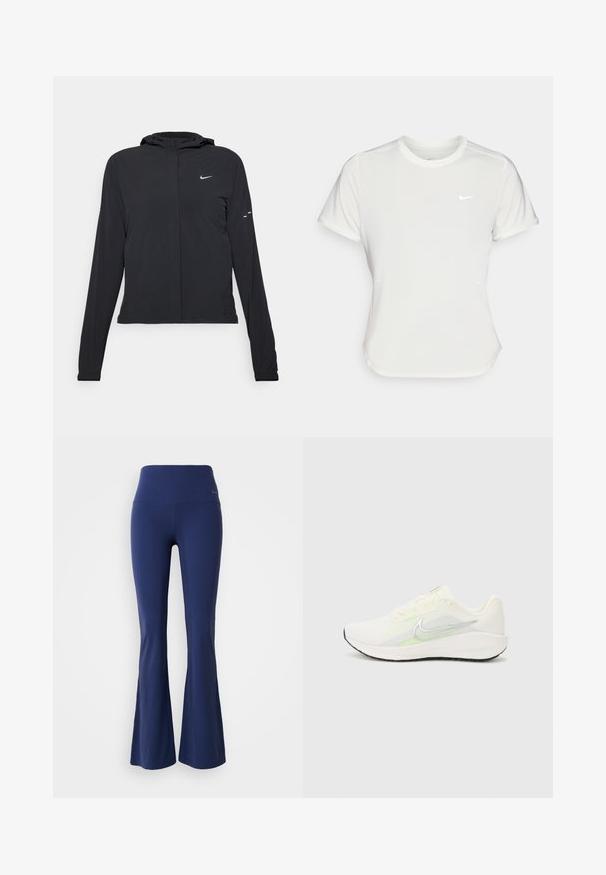 Zwarte kaptrui met lange mouwen, gemaakt van lichtgewicht materiaal. Voorzien van een ritssluiting aan de voorkant, een Nike-logo en subtiele ontwerpelementen.; Nike T-shirt in het wit, korte mouwen, ronde halslijn, gemaakt van een gladde, lichte stof. Bevat een subtiele logo op de borst.; Navyblauwe flared leggings met een hoge taille, gemaakt van rekbaar materiaal, met een soepele textuur en een subtiele logo-accent op de tailleband.; Nike Performance DOWNSHIFTER 13 - Hardloopschoenen voor op de weg - sail/silver-coloured photon dust/summit white/barely volt/black
