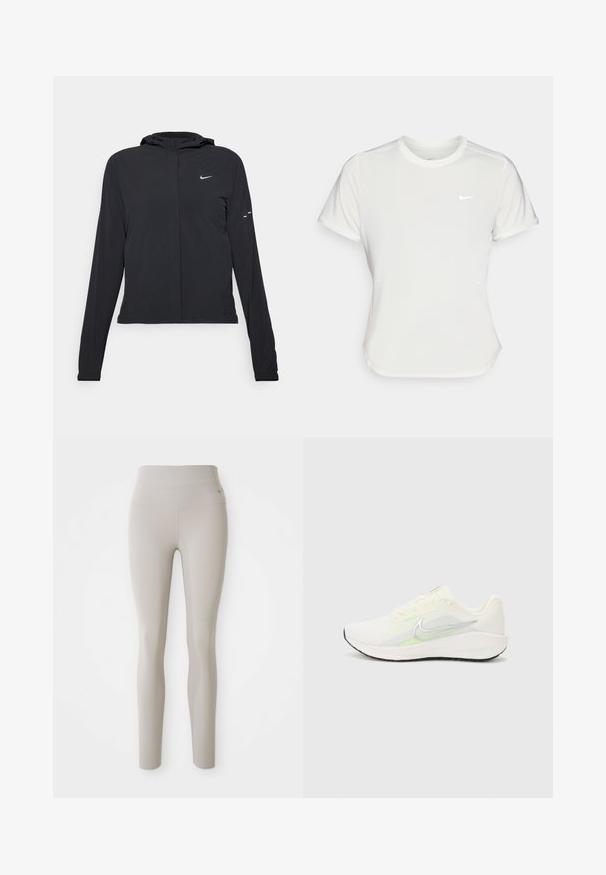 Crna jakna s kapuljačom i dugim rukavima, izrađena od laganog materijala. Ima prednji patentni zatvarač, Nike logo i suptilne dizajnerske detalje.; Nike majica u bijeloj boji, kratkih rukava, okruglog izreza, izrađena od glatkog, laganog materijala. Sadrži diskretni логотип na prsima.; Bež tajice visokog struka izrađene od rastezljivog materijala, s prilagodljivim dizajnom i glatkom teksturom, s malim logotipom na struku.; Nike Performance DOWNSHIFTER 13 - Tenisice za cestovno trčanje - sail/silver-coloured photon dust/summit white/barely volt/black