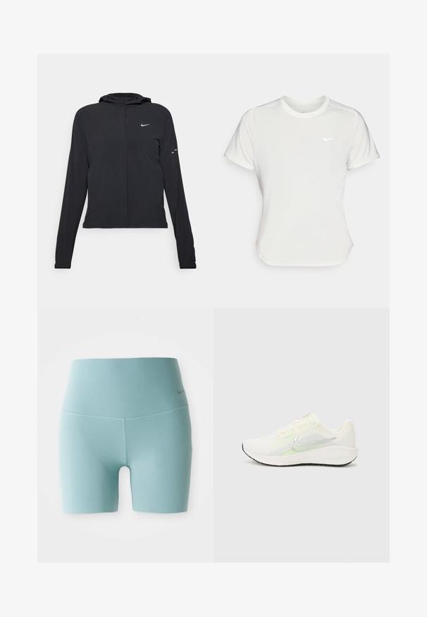 Must musta kapuutsiga jakk, millel on pikad varrukad ja mis on valmistatud kergetest materjalidest. Omab esitaskut, Nike logo ja kergelt silmatorkavaid disainiaktsente.; Nike T-särk valgetes toonides, lühikeste varrukatega, ümar kaelus, valmistatud siledast ja kergest kangast. Rinnal on peene logo.; Heledad sinine kõrge talje ja kergelt vormitud spordilühikesed püksid, millel on väike ja diskreetne logo paremal puusal valge taustal.; Nike Performance DOWNSHIFTER 13 - Maanteejooksu jalatsid - sail/silver-coloured photon dust/summit white/barely volt/black