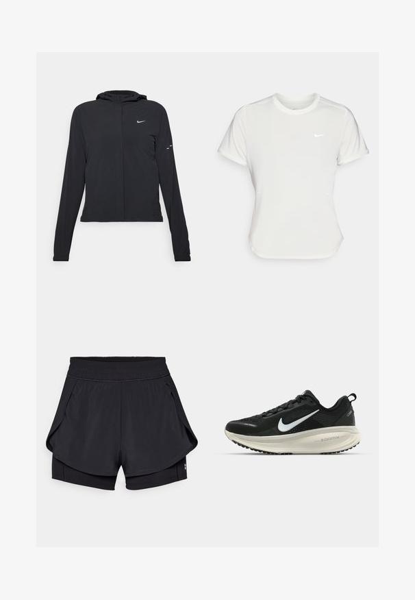 Casaco preto com capuz e mangas longas, feito de material leve. Apresenta um fecho dourado na frente, um logótipo da Nike e detalhes de design subtis.; T-shirt da Nike em branco, mangas curtas, decote redondo, feito de um tecido liso e leve. Apresenta um logo discreto no peito.; Calções atléticos pretos com uma cintura elástica, design em camadas e textura suave. Os calções interiores são ajustados, enquanto os calções exteriores têm um corte solto.; Sapatilha de corrida Nike preta com parte superior de malha respirável, logotipo Swoosh branco, detalhes texturizados e uma entressola ZoomX na cor creme.