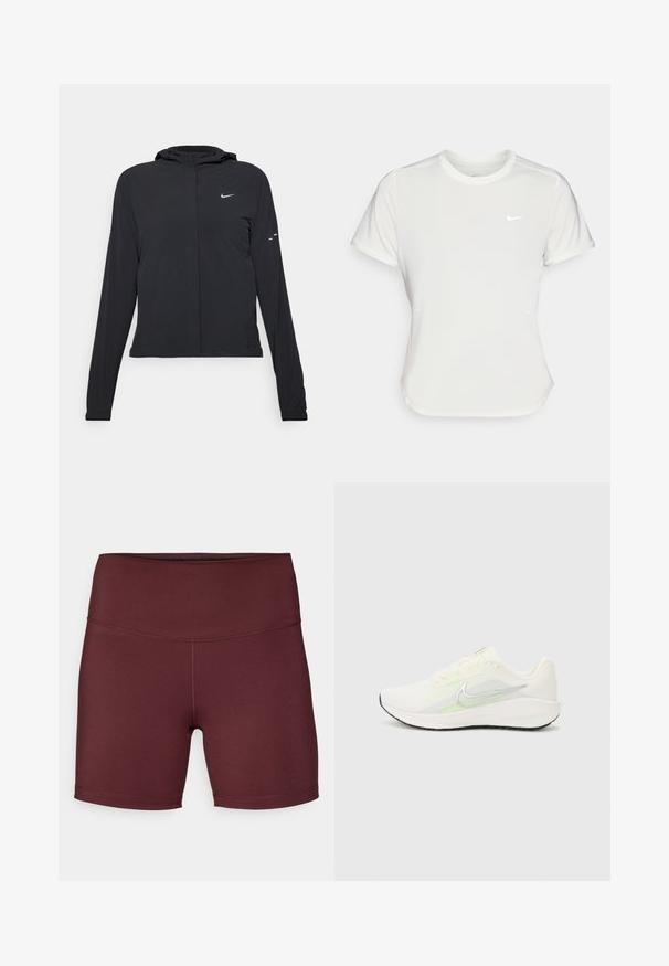Crna jakna s kapuljačom i dugim rukavima, izrađena od laganog materijala. Ima prednji patentni zatvarač, Nike logo i suptilne dizajnerske detalje.; Nike majica u bijeloj boji, kratkih rukava, okruglog izreza, izrađena od glatkog, laganog materijala. Sadrži diskretni логотип na prsima.; Bordo sportske kratke hlače s visokim strukom, izrađene od glatkoga, rastezljivog materijala; imaju dizajn ravnog šava bez džepova.; Nike Performance DOWNSHIFTER 13 - Tenisice za cestovno trčanje - sail/silver-coloured photon dust/summit white/barely volt/black