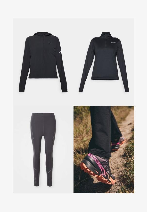 Veste à capuche noire avec des manches longues, fabriquée en matériau léger. Elle comporte une fermeture éclair à l'avant, un logo Nike et des accents de design subtils.; Haut de sport à manches longues noir avec col zippé quart, fabriqué à partir d'un tissu léger et lisse, avec un petit logo Nike blanc sur la poitrine.; Leggings de sport noirs en tissu extensible, avec des accents gris subtils, des panneaux latéraux et des motifs perforés aux chevilles.; Salomon SPEEDCROSS 6 GTX - Chaussures de running - moonscape/black/bird of paradise