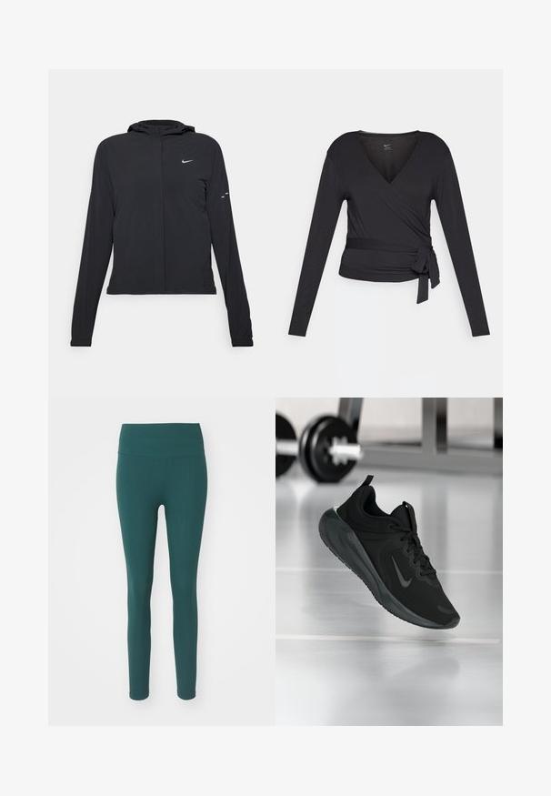 Black hooded jacket with long sleeves, made from lightweight material. Features a front zipper, a Nike logo, and subtle design accents.; Black long-sleeve wrap top with a V-neck, featuring a side tie. Made of soft, smooth fabric with a fitted silhouette.; Teal ribbed leggings with a high waistband, made from a stretchy material, featuring a fitted design and an elasticized waistband for comfort.; Black sports sneaker with Nike logo, shown mid-air on gym floor, with blurred dumbbell rack in background.