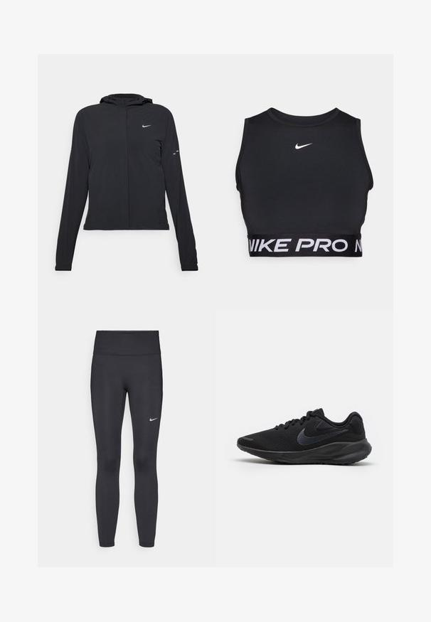 Schwarze Kapuzenjacke mit langen Ärmeln, aus leichtem Material gefertigt. Sie hat einen vorderen Reißverschluss, ein Nike-Logo und dezente Designelemente.; Schwarzer Sport-BH mit hohem Ausschnitt und breitem Bund, der "NIKE PRO" in Weiß zeigt. Hergestellt aus glattem, dehnbarem Material. Nike-Logo auf der Brust.; Schwarze Leggings aus elastischem Stoff, mit einem hohen Bund und einem weißen Nike-Logo auf dem linken Oberschenkel. Glatte Textur, figurbetontes Design.; Schwarzer Laufschuh mit atmungsaktivem Mesh-Obermaterial, strukturierten Akzenten, flachen Schnürsenkeln und einer soliden Gummisohle mit einem leichten Absatz.
