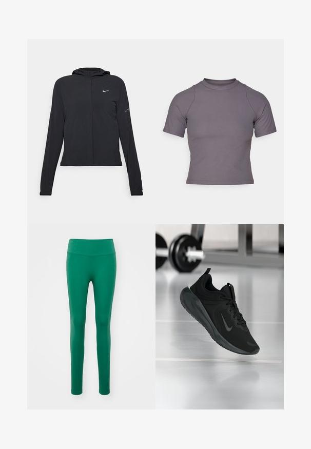 Black hooded jacket with long sleeves, made from lightweight material. Features a front zipper, a Nike logo, and subtle design accents.; Short-sleeve, high-neck top in ribbed, gray fabric. Fitted design with flat seams and a smooth texture. No patterns or graphics present.; Green, fitted leggings with a wide, ribbed waistband. Made from smooth material, featuring no visible patterns or accents. Full-length coverage.; Black sports sneaker with Nike logo, shown mid-air on gym floor, with blurred dumbbell rack in background.