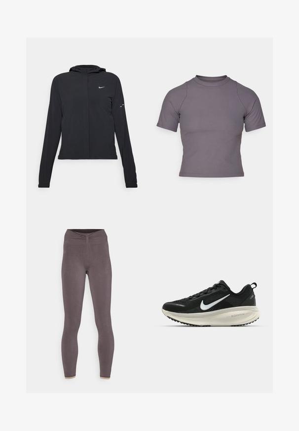 Jachetă neagră cu glugă, cu mâneci lungi, fabricată din material ușor. Dispune de un fermoar frontal, un logo Nike și accente de design subtile.; Cămașă cu mâneci scurte și gât înalt dintr-un material gri în dungi. Design ajustat cu cusături plate și o textură netedă. Fără motive sau grafică.; Yogasearcher CHENDA SEAMLESS LEGGING - Leggings - lavastone; Pantofii de alergare negri de la Nike, cu parte superioară din plasă respirabilă, logo-ul alb Swoosh, detalii texturate și o talpă intermediară ZoomX de culoare crem.