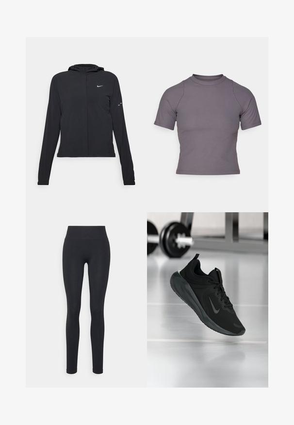 Svart hettegenser med lange ermer, laget av lett materiale. Har glidelås foran, Nike-logo og subtile design detaljer.; Kortermet topp med høy hals i ribbet, grått stoff. Fitted design med flate sømmer og glatt tekstur. Ingen mønstre eller grafikk til stede.; Svart tights med høy midje, med en glatt tekstur og en kroppsnær passform. Ingen synlige mønstre eller detaljer av maskinvare.; Sorte treningssneakers med Nike-logo, vist midt i luften på gymgulvet, med uskarp manualstativ i bakgrunnen.