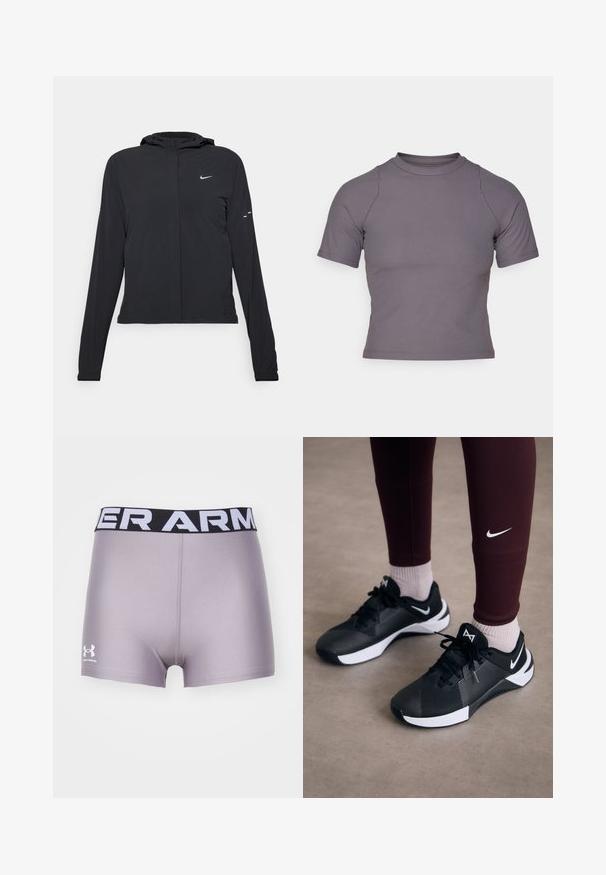 Sort hættetrøje med lange ærmer, lavet af letvægtsmateriale. Har en frontlynlås, et Nike-logo og subtile designaccenter.; Kortærmet top med høj hals i ribbet, gråt stof. Tætsiddende design med flade sømme og en glat tekstur. Ingen mønstre eller grafik er til stede.; Grå atletiske shorts med en sort og hvid "UNDER ARMOUR" talje. Fremstillet af glat materiale, med en kort skæring og logo på siden.; Sorte træningssko med en struktureret overdel og hvide accenter, forsynet med snørebånd og et logo på siden. Båret med maroon leggings og lyse sokker.