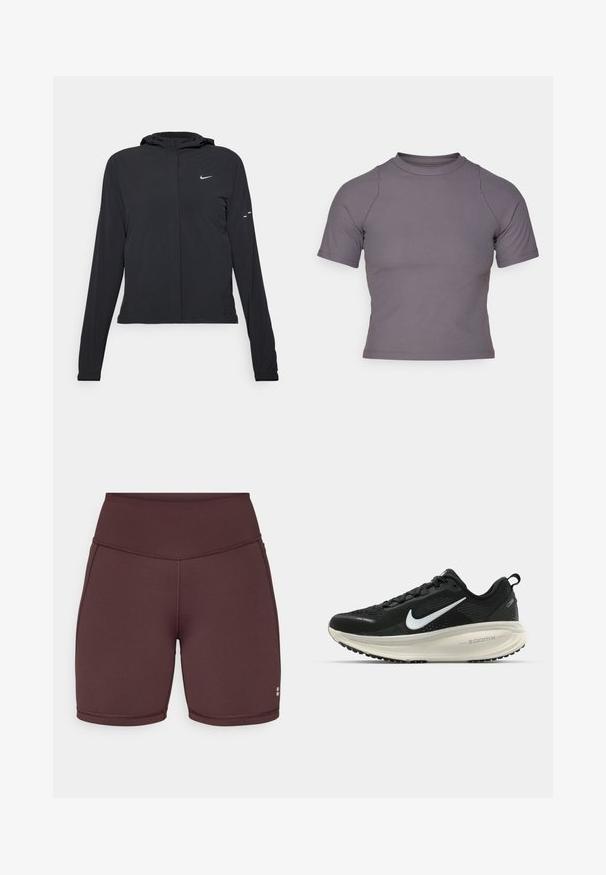 Juodas gobtuvas striukė su ilgomis rankovėmis, pagaminta iš lengvo audinio. Pasižymi priekiniais užtrauktukais, Nike logotipu ir subtiliais dizaino akcentais.; Trumpas rankovės, aukštų kaklu, juodos spalvos viršus su brūkšniniu raštu. Prigludusi konstrukcija su plokščiais siūlais ir sklandžiu paviršiumi. Be raštų ar grafikos.; Bordo aukšti šortai, pagaminti iš elastingos medžiagos, pasižymintys lygia tekstūra, prigludusia forma ir siuvinėta apdaila kraštuose.; Juodas Nike sportinis batelis su kvėpuojančiu tinklu, baltu swoosh logotipu, tekstūruoto dizaino detalėmis ir grietinėlės spalvos ZoomX viduriu.