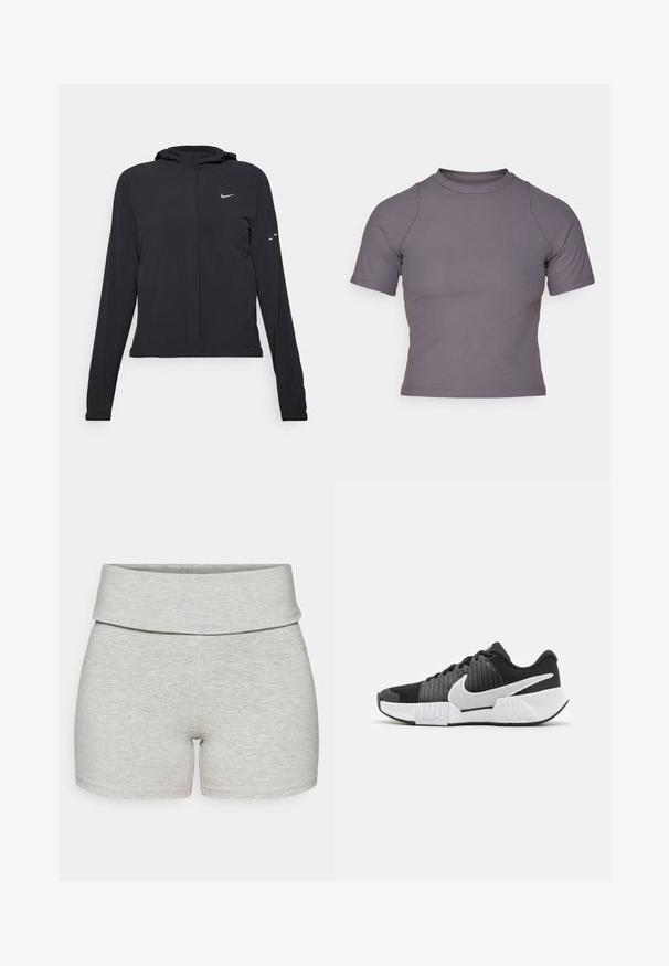 Must musta kapuutsiga jakk, millel on pikad varrukad ja mis on valmistatud kergetest materjalidest. Omab esitaskut, Nike logo ja kergelt silmatorkavaid disainiaktsente.; Lühikeste varrukatega kõrge kaelusega topp ribaliselt hallist kangast. Üks liigend disain siledate õmblustega ja sujuva tekstuuriga. Mustrit ega graafikat ei ole.; Heledad hallhallased puuvillased lühikesed püksid, millel on lai, volditud taljeosa. Sile tekstuur, kehakujuline lõige ning nähtavaid taskuid või lisadeta.; Mustvalged mustvalged spordijalatsid struktuurse pealsega, silmapaistev Nike’i logo ja kontrastne talladisain paremaks haardeks ja stabiilsuseks.