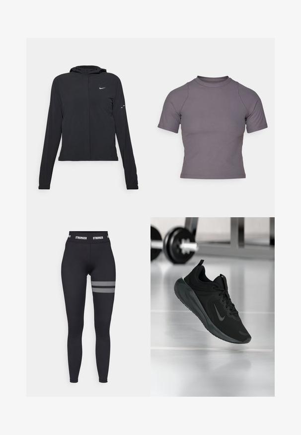 Čierna kapucňová bunda s dlhou rukávou, vyrobená z ľahkého materiálu. Má predný zips, logo Nike a jemné dizajnové akcenty.; Tričko s krátkym rukávom a vysokým golierom z rebrovanej šedej tkaniny. Úzky strih s plochými švami a hladkou textúrou. Bez vzorov alebo grafiky.; Čierne legíny s vysokým pásom, so bielym logom "STRONGER" na páse a sieťovanými detailami v horizontálnych prúžkoch na stehne.; Čierne športové tenisky s logom Nike, zobrazené vo vzduchu na podlahe telocvične, s rozmazaným regálom činkami v pozadí.