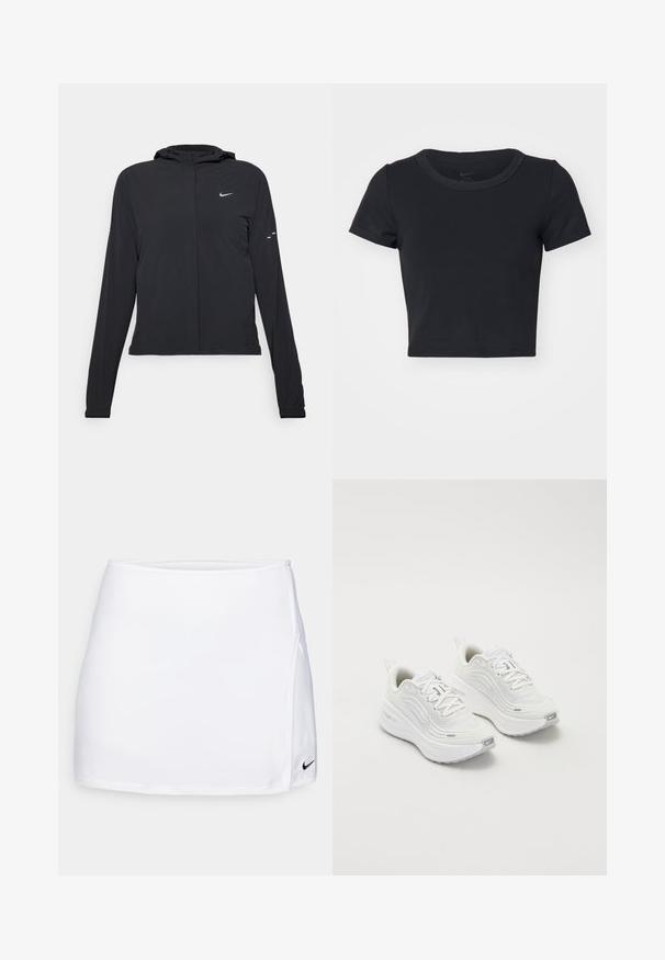 Črna kapuča s dolgimi rokavi, izdelana iz lahkega materiala. Ima sprednji zadrgo, logotip Nike in subtilne oblikovne detajle.; Črna kratka majica iz mehkega, raztegljivega materiala. Ima okroglo izrezan ovratnik in kratke rokave s preprostim dizajnom.; Bela športna krila iz gladkega, lahkega materiala. Ima prilegajoč se pas, stranski razporek in majhen črni logo Nike na robu.; Bele športne čevlje z teksturirano mrežasto zgornjico, oblazinjeno podplatom in subtilnimi sivimi detajli. Vključujejo blagovno znamko in zanko na peti za enostavno obuvanje.