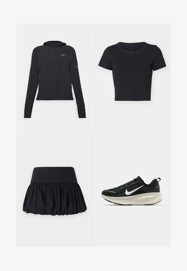 Giacca nera con cappuccio e maniche lunghe, realizzata in materiale leggero. Presenta una zip frontale, il logo Nike e accenti di design sottili.; T-shirt nera corta realizzata in tessuto morbido ed elastico. Presenta un collo rotondo e maniche corte con un design semplice.; Gonna nera a pieghe con una cintura larga e piatta. Presenta una forma vaporosa e una texture liscia. Nessun motivo visibile o dettagli hardware.; Scarpa da corsa nera Nike con tomaia in rete traspirante, logo Swoosh bianco, dettagli testurizzati e intersuola ZoomX di colore crema.