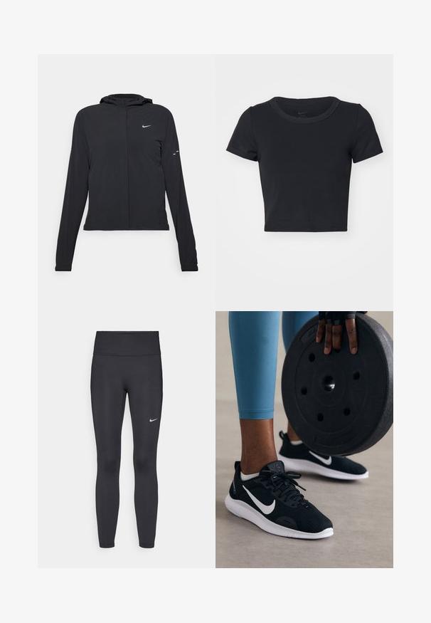 Juodas gobtuvas striukė su ilgomis rankovėmis, pagaminta iš lengvo audinio. Pasižymi priekiniais užtrauktukais, Nike logotipu ir subtiliais dizaino akcentais.; Juodas trumpas marškinėlis, pagamintas iš minkštos, tampraus audinio. Turi apvalų iškirpimą ir trumpas rankoves su paprastu dizainu.; Juodi leggingai iš elastingos medžiagos, turintys aukštą juosmenį ir baltą Nike logotipą kairėje šlaunyje. Lygus paviršius, prigludusi dizainas.; Juodi sportiniai batai su tinklinėmis viršutinėmis dalimis, baltais akcentais ir storu baltu padu. Pirmame plane laikomas juodas svorio diskas.