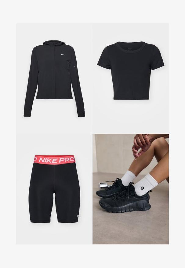 Black hooded jacket with long sleeves, made from lightweight material. Features a front zipper, a Nike logo, and subtle design accents.; Black cropped T-shirt made of soft, stretchy fabric. Features a round neckline and short sleeves with a simple design.; Black athletic shorts with a red and white "NIKE PRO" elastic waistband, smooth texture, and a fitted design, featuring a small logo on the lower leg.; Black athletic shoes with textured fabric, laced design, and a prominent sole, paired with white ribbed socks featuring a small logo.